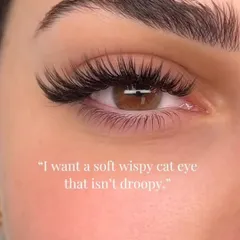 This is for everyone who asks for that "soft wispy cat eye that isn't droopy." I created this look by mixing different lash curls and lengths to give a lifted, elongated effect that looks fluttery and light. It’s a customized lash map that enhances your unique eye shape.