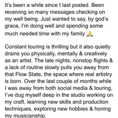 After a few months away from touring, I shared this update with my Electronyk Fam. I spent that time deep in the studio, honing my craft, learning new production techniques, and reconnecting with my artistry.