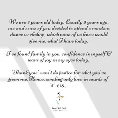 A heartfelt thank you to our community on our 5th anniversary. Our journey began with a random dance workshop and has grown into a family, giving us confidence and joy. This is the heart of our company.