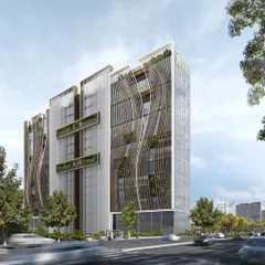 An alternate view of our upcoming commercial development in Pune for Vascon Engineers. The design features prominent green terraces integrated into the facade, blending biophilic elements with a high-tech, parametric structure.