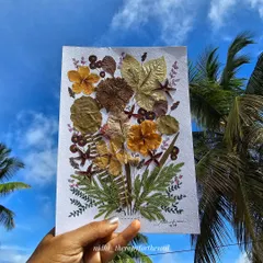 Holding a pressed flower artwork up against the sky. You can see the delicate textures and varied shapes of the preserved botanicals.