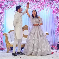 The first dance at an engagement party is a special moment. I captured this couple in a classic dance pose against the backdrop of their beautifully decorated stage.