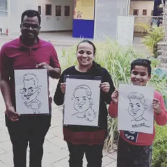 A beautiful family portrait, with each member getting their own caricature. This is a wonderful way to create individual keepsakes from a shared family experience.