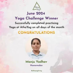 A big congratulations to Manju Yadhav, our June 2024 Yoga Challenge Winner. She successfully practiced yoga at our studio every single day of the month.