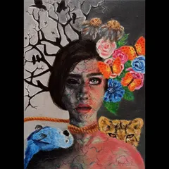 This painting is my interpretation of humanity's impact on Mother Nature. It’s a deeply symbolic piece that contrasts life and decay, using cracked textures and a split color palette to tell a story of loss and a plea for awareness.