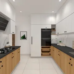 This U-shaped kitchen render shows how we integrate appliances into a tall unit, creating a streamlined look. The design also includes open wicker basket storage for items like onions and potatoes.