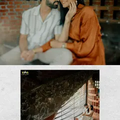 A creative collage combining a soft-focus portrait with a wide shot of the couple by a window, showcasing the architectural details of their rustic shoot location.