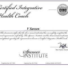 My certification as an Integrative Health Coach from the Spencer Institute. This credential reflects my dedication to a holistic, evidence-based practice that helps clients achieve sustainable lifestyle changes.