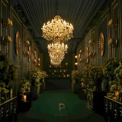 Your guests' first steps should feel like entering another world. For this royal sangeet, I created a dramatic walkway with floating chandeliers, deep floral arrangements, and candlelit romance to set a majestic tone for the night.