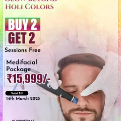Our Holi offer to help you glow beyond the colors. This package includes a Buy 2, Get 2 Free deal on our Medifacial sessions, perfect for post-festival skin recovery.