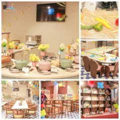 Our cafe and dining areas are designed to be both stylish and comfortable. This collage shows our food buffet, kids' dining table, and general seating area.