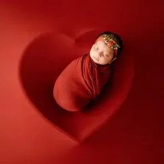 A newborn swaddled in red rests peacefully inside a matching red heart-shaped bowl, creating a bold and loving portrait.