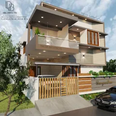 This is a 3D render for Mr. Gangadhar's residence, a 30x50 duplex house in Davangere. The design features a prominent balcony and a mix of textures to create a modern and inviting facade.