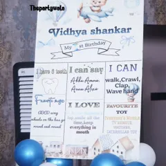 A custom milestone board for a first birthday. It highlights all the baby's favorites and achievements from their first year, making it a wonderful keepsake.