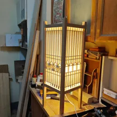 This finished Kumiko lamp, built by students in my workshop, glows with warmth. The frame is made of Beech Wood, and the panels feature a combination of straight lattice and the star-shaped Asanoha pattern.