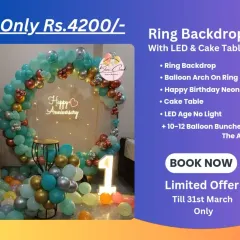 Promotional offer for a Ring Backdrop with LED and Cake Table for Rs. 4200.