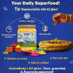A2 Ghee: Your Daily Superfood. I always tell my clients to replace butter with A2 ghee. This Ayurvedic superfood soothes digestion, enhances brain function, and promotes glowing skin. Our A2 ghee is pure, grass-fed, and perfect for drizzling on toast, stirring into dal, or even adding to coffee.