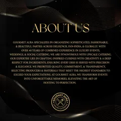 "About Us." This text graphic outlines our 40 years of combined experience, our expertise in inspired cuisines, and our commitment to quality, transparency, and transforming events into unforgettable memories.