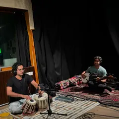 A wonderful in-studio session in Kolkata with a sarod player and a drummer from Sweden. This image captures the collaborative spirit of my work, bringing together artists from different musical worlds to create something new.