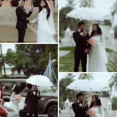 A collage capturing the sweet, candid moments of a couple's journey from the church. From the shared umbrella to the arrival in their wedding car, I ensure every part of the day is a beautiful memory.