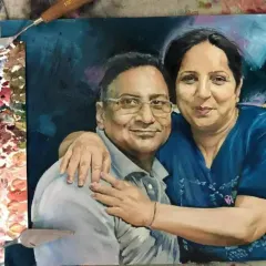 An oil painting capturing the warm embrace of a couple. This was created for a client in Canada, and it's a perfect example of a heartfelt gift for parents or for an anniversary.