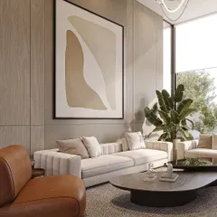 A soothing palette of neutral tones, sculptural lighting, and curated artwork converge to shape a living space that’s both captivating and inviting. Each element is thoughtfully placed to offer a serene retreat from the everyday.