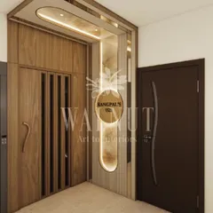 The final 3D render for the entryway shown in the previous video. This visual serves as the blueprint, detailing the combination of wood paneling, backlighting, and metallic accents that create a grand and welcoming first impression.