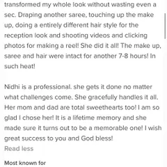"Nidhi is a professional, she gets it done no matter what challenges come." I pride myself on being reliable and delivering a flawless look, even with tight timelines.