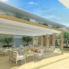 This render envisions the outdoor seating area of a clubhouse in Bangalore. The design combines minimalist grandeur with comfortable lounge furniture, creating a sophisticated space for social gathering and relaxation.