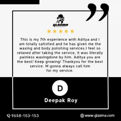 A review from a repeat client, Deepak Roy, who has used my waxing and body polishing services seven times. He highlights the painless waxing technique and the relaxing experience.