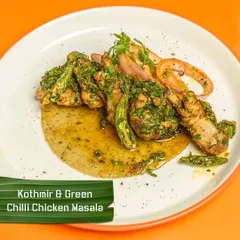 This is my Kothmiri & Green Chilli Chicken Masala. It's a zesty and aromatic dish where tender chicken is cooked in a vibrant masala of fresh coriander and green chillies.
