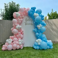 A simple and modern gender reveal backdrop for an outdoor party. The clean white panel is framed by asymmetrical balloon clouds in pink and blue, perfect for a garden or backyard celebration.