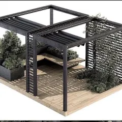 This 3D design showcases the possibilities for a modern pergola. It features integrated planters for greenery, a built-in bench, and a slatted privacy screen, all constructed on a wooden deck platform.