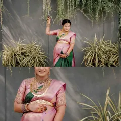 A creative collage of the mother-to-be in her pink and green Seemantham saree. The composition highlights both her joyful pose and a detailed close-up of her beautiful attire.