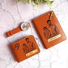 A perfect gift for your favorite couple. This matching set features a vegan leather wallet and passport holder, both engraved with a custom sketch made from their photo. It's a unique way to capture a special memory.