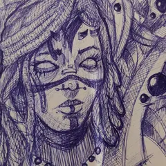 A close-up of the fantasy character sketch, showing the intricate line work in the hair, face markings, and surrounding details.