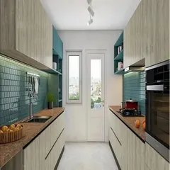 A galley kitchen featuring a mix of light wood-grain cabinets and teal accents. The textured blue backsplash and hanging utensil rack add both style and practicality.