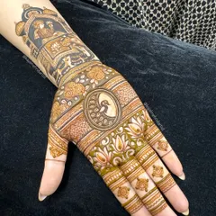The beautiful henna stain of the Teej design, showing the rich, dark color achieved with my natural henna paste.