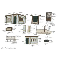 These are my initial concept sketches for the Jain Cosphere Office. This is where the material palette of wood, green, and brass was established, and the layout of the reception, cabin, and conference room was first visualized.