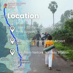 Your journey to our Tapaswini Ashram in Gudur is straightforward. This map shows our accessible location, just a couple of hours from major airports like Chennai and Tirupati. The path to the ashram is the beginning of your immersive experience in a traditional yogic lifestyle.