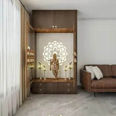 A lovely pooja unit designed to fit perfectly next to a living room sofa. The doors open to reveal a serene space for prayer, complete with a backlit mandala and storage drawers.