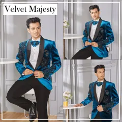 Velvet majesty. This stunning electric blue velvet tuxedo with black sequin embroidery on the sleeves is designed to command attention. It's a suit for the bold and the stylish.