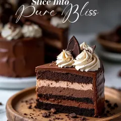 Slice into pure bliss with this multi-layered chocolate cake. It features alternating layers of dark chocolate sponge and light chocolate mousse, finished with a glossy ganache and whipped cream.