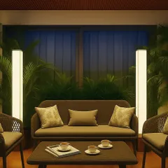 An interior view of a resort balcony I designed. The space is framed by lush plants, creating a private sanctuary where guests can relax and feel connected to nature.
