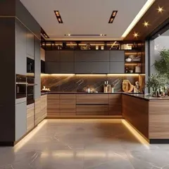 I specialize in creating sophisticated spaces with premium materials. This U-shaped modular kitchen showcases a dramatic look with dark wood grain cabinets, integrated appliances, and multi-level ambient lighting for a truly high-end feel.