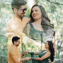A dreamy double exposure that layers multiple moments of joy and connection from the couple's garden shoot. This style adds a touch of magic and artistry to the collection.