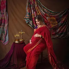 A moment of introspection, inspired by the grace of a Devi. The traditional red saree and the antique 'diya' create a sacred atmosphere, honouring the spiritual journey of motherhood in this fine art portrait.