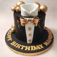 Sophistication is crafted in sugar with our black and gold Tuxedo Cake. Perfect for milestone birthdays or Father's Day, this cake features a sharp suit, a shimmering gold bow tie, and elegant gold accents, highlighting our expertise in creating refined and stylish designs for adults.