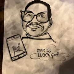 A caricature of a man showing off a picture of his pug on his phone.