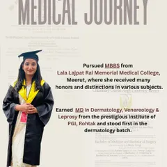 This graphic outlines my medical journey. I pursued my MBBS from Lala Lajpat Rai Memorial Medical College and earned my MD in Dermatology from the prestigious PGI, Rohtak, where I stood first in my batch.